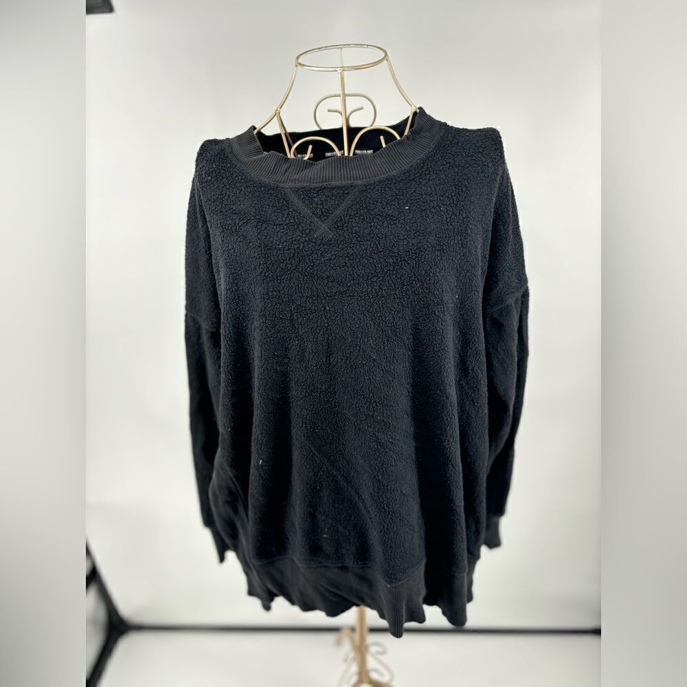 Aerie Chilled Out Brushed Fleece Sweatshirt Side Splits Small Black